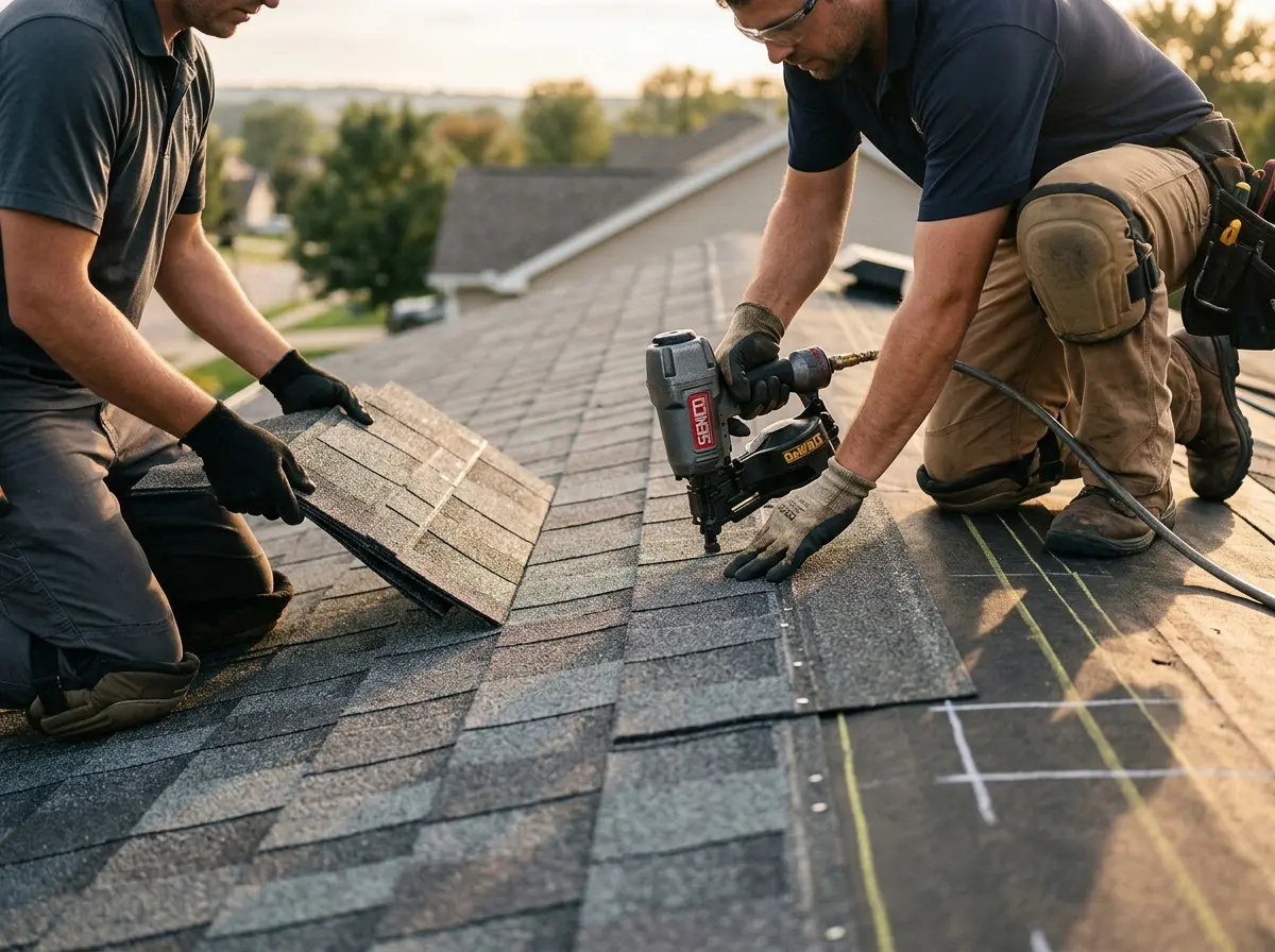 Professional roofer working on a residential roof in Alfred